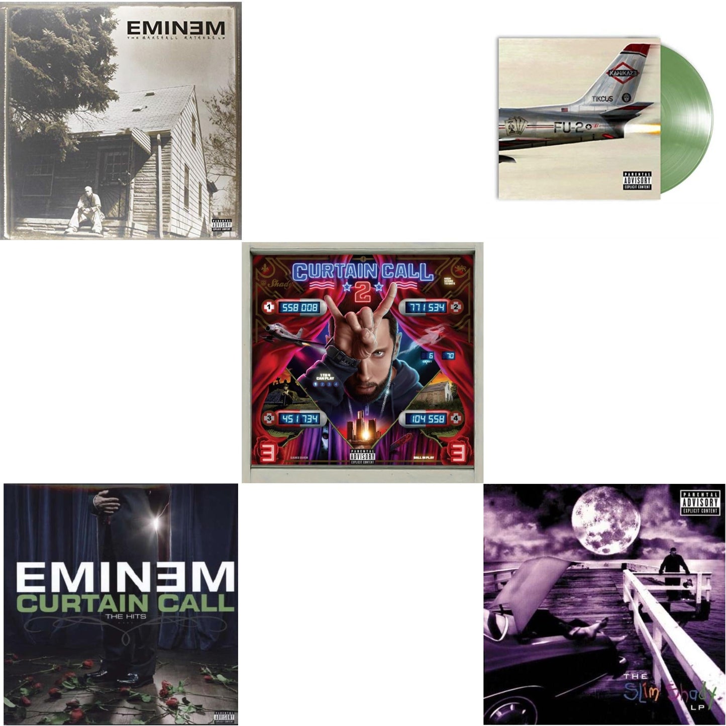 Eminem - Curtain Call 2 (2LP) & Curtain Call: Hits & Kamikaze (Opaque Olive Green LP Vinyl/Gatefold Jacket) & Slim Shady LP & Marshall Mathers LP