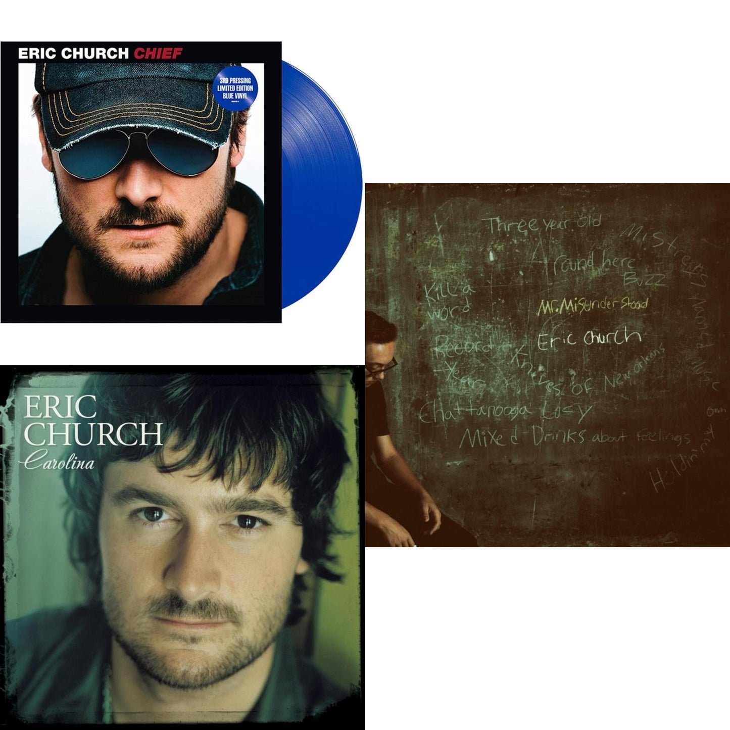 Eric Church - Chief (Blue LP Vinyl) & Carolina (Clear LP Vinyl) & Mr. Misunderstood (Blue LP Vinyl)