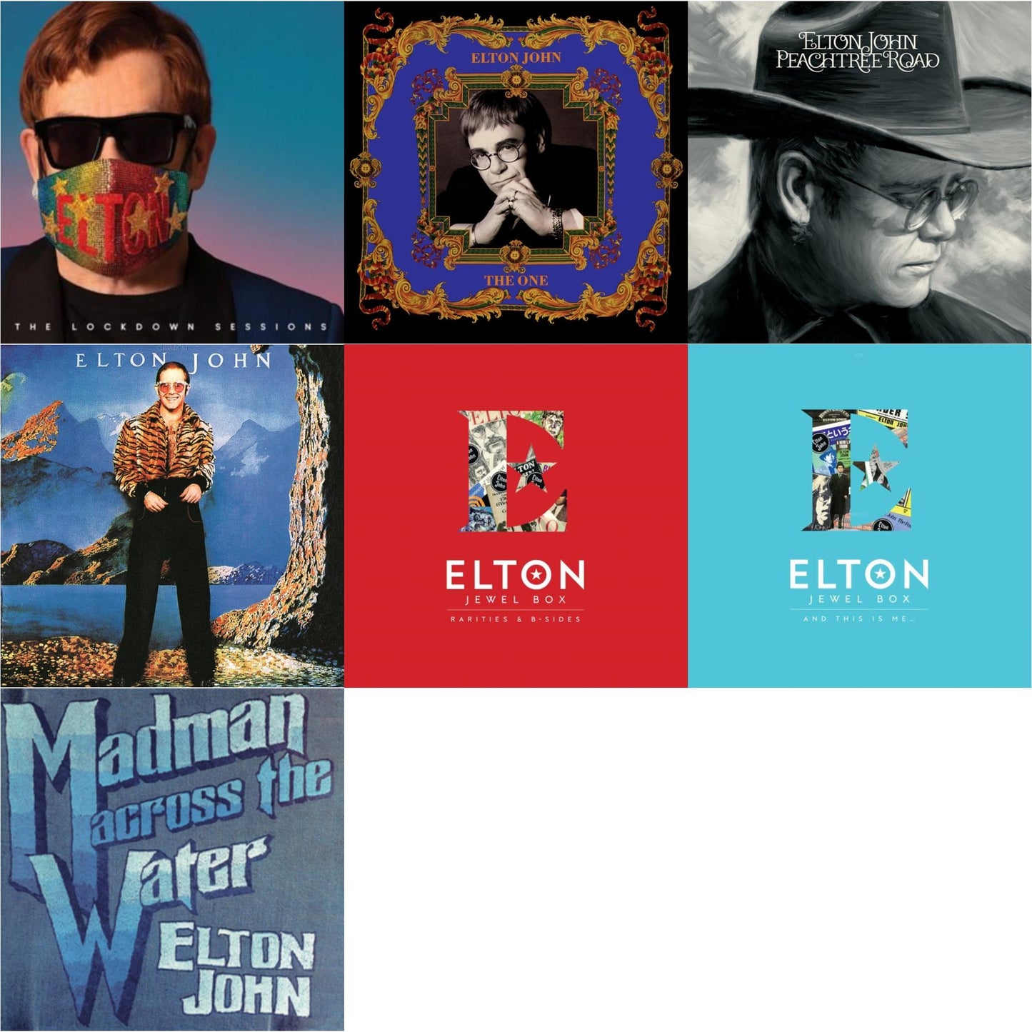 Elton John - Lockdown Sessions (Blue Vinyl/2LP) (X) & One (2LP) & Peachtree Road (2LP) & Caribou (50Th Anniversary Edition/2LP/Blue Vinyl) & Jewel Box (3LP - Rarities & B-Sides) & Jewel Box (2LP - And This Is Me) & Madman Across The Water (LP)