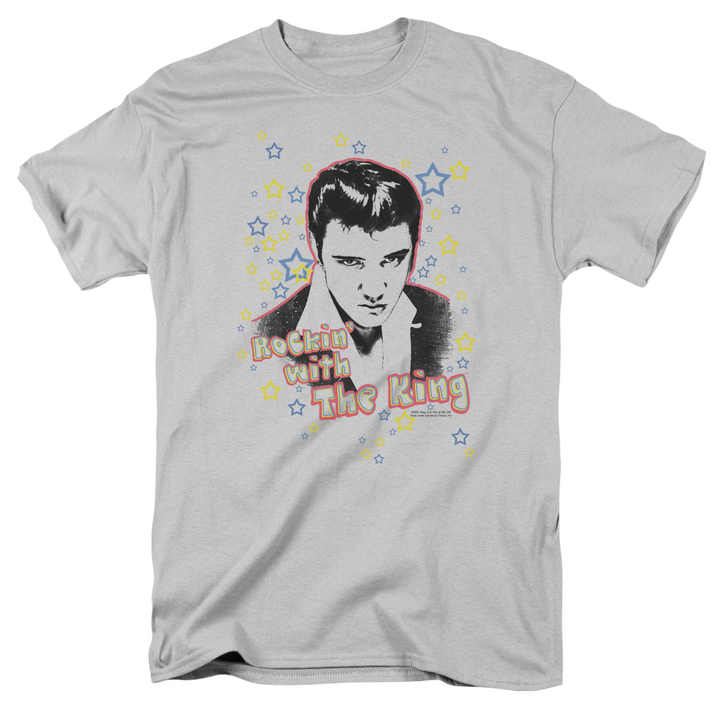 Elvis Presley Rockin With The King Mens T Shirt Silver