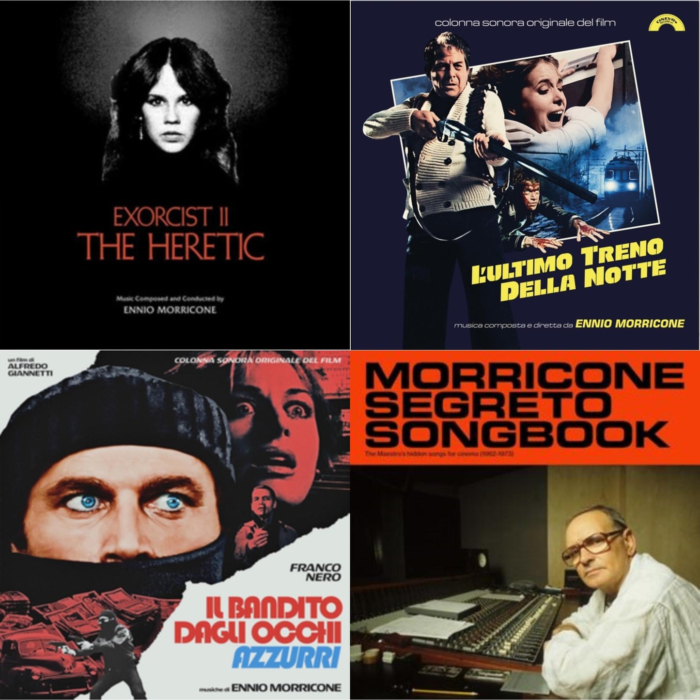 Ennio Morricone - L’Ultimo Treno Della Notte (Yellow LP Vinyl) & Blue-Eyed Bandit (Il Bandito Dagli Occhi Azzurri) Ost (Blue LP Vinyl) (Rsd) & Morricone Segreto Songbook (1962-1973) (2LP) & Exorcist Ii: The Heretic (Blood Red With Black Splatter LP