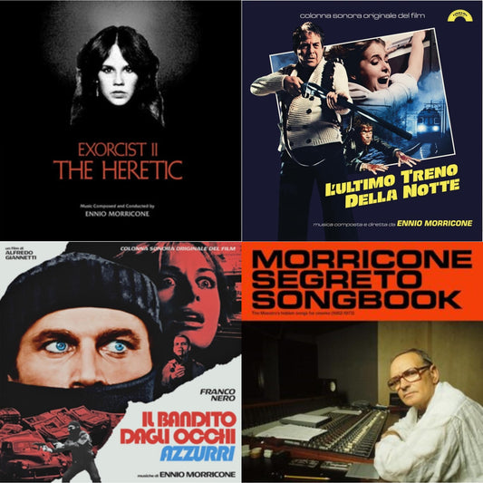Ennio Morricone - L’Ultimo Treno Della Notte (Yellow LP Vinyl) & Blue-Eyed Bandit (Il Bandito Dagli Occhi Azzurri) Ost (Blue LP Vinyl) (Rsd) & Morricone Segreto Songbook (1962-1973) (2LP) & Exorcist Ii: The Heretic (Blood Red With Black Splatter LP