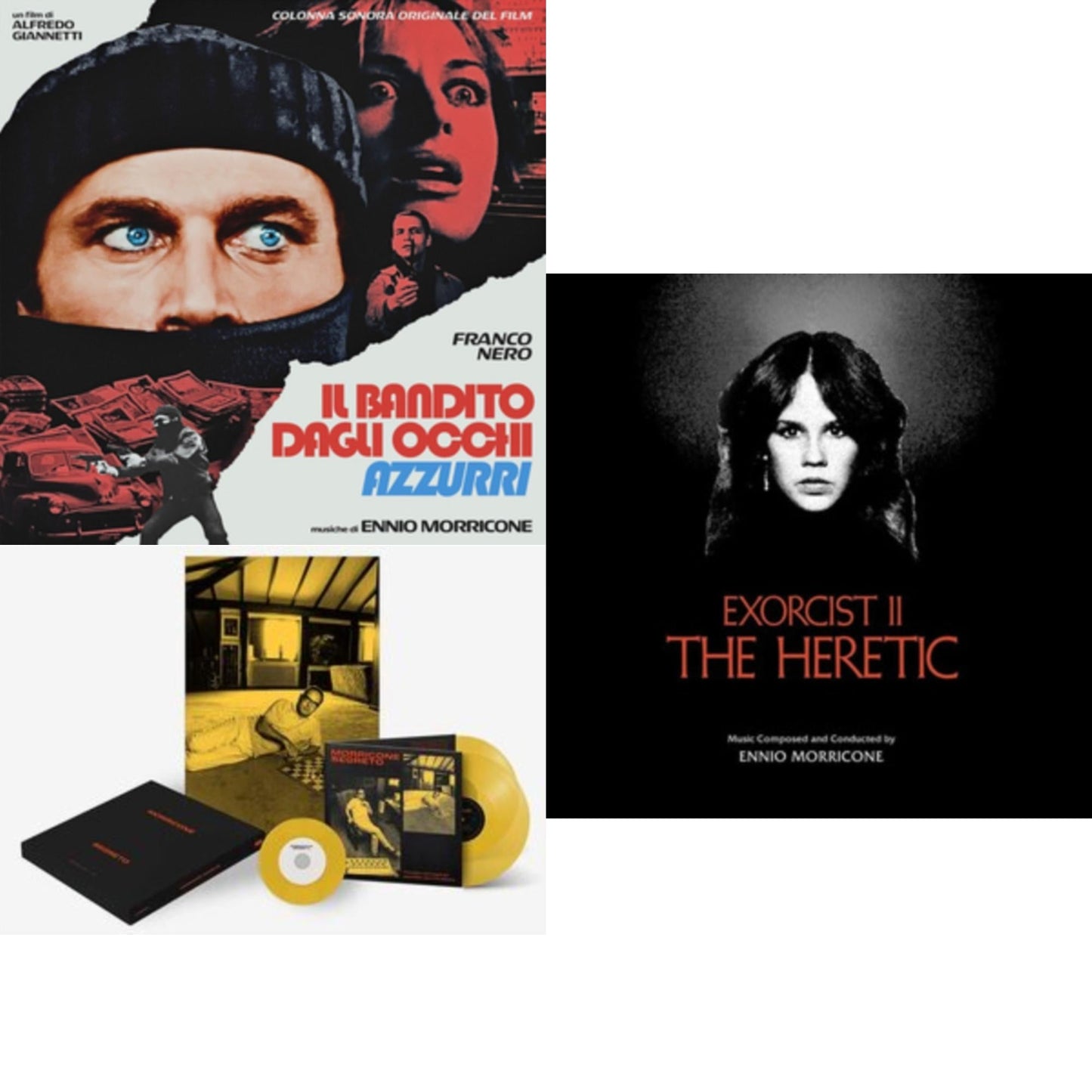 Ennio Morricone - Morricone Segreto (Yellow Vinyl/2LP/7Inch Single Collector's Edition) & Blue-Eyed Bandit (Il Bandito Dagli Occhi Azzurri) Ost (Blue LP Vinyl) (Rsd) & Exorcist Ii: The Heretic (Blood Red With Black Splatter LP Vinyl) (Ams Exclusive)