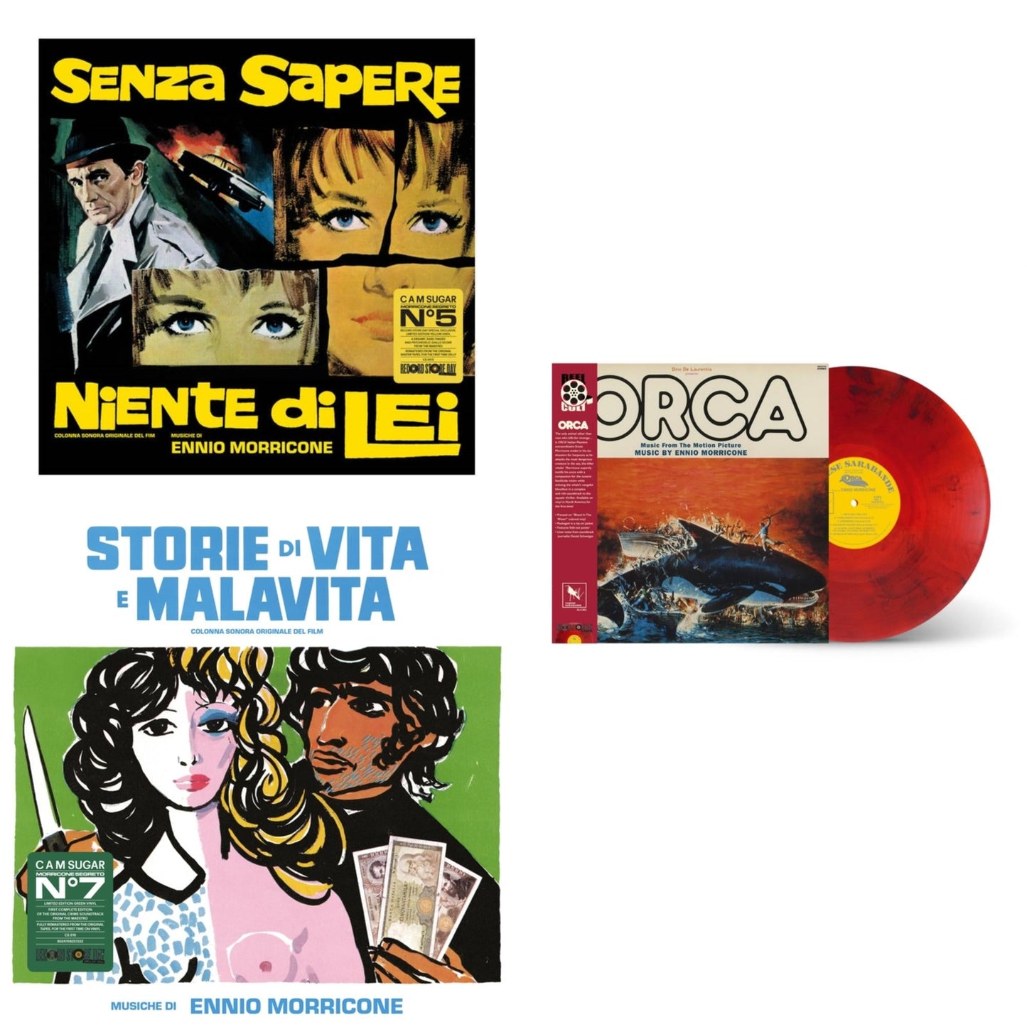 Ennio Morricone - Senza Sapere Niente Di Lei (Yellow LP Vinyl) & Storie Di Vita E Malavita (Colonna Sonora Originale Del Film) & Orca (Music From The Motion Picture) (Reel Cut Series) (Red LP Vinyl)