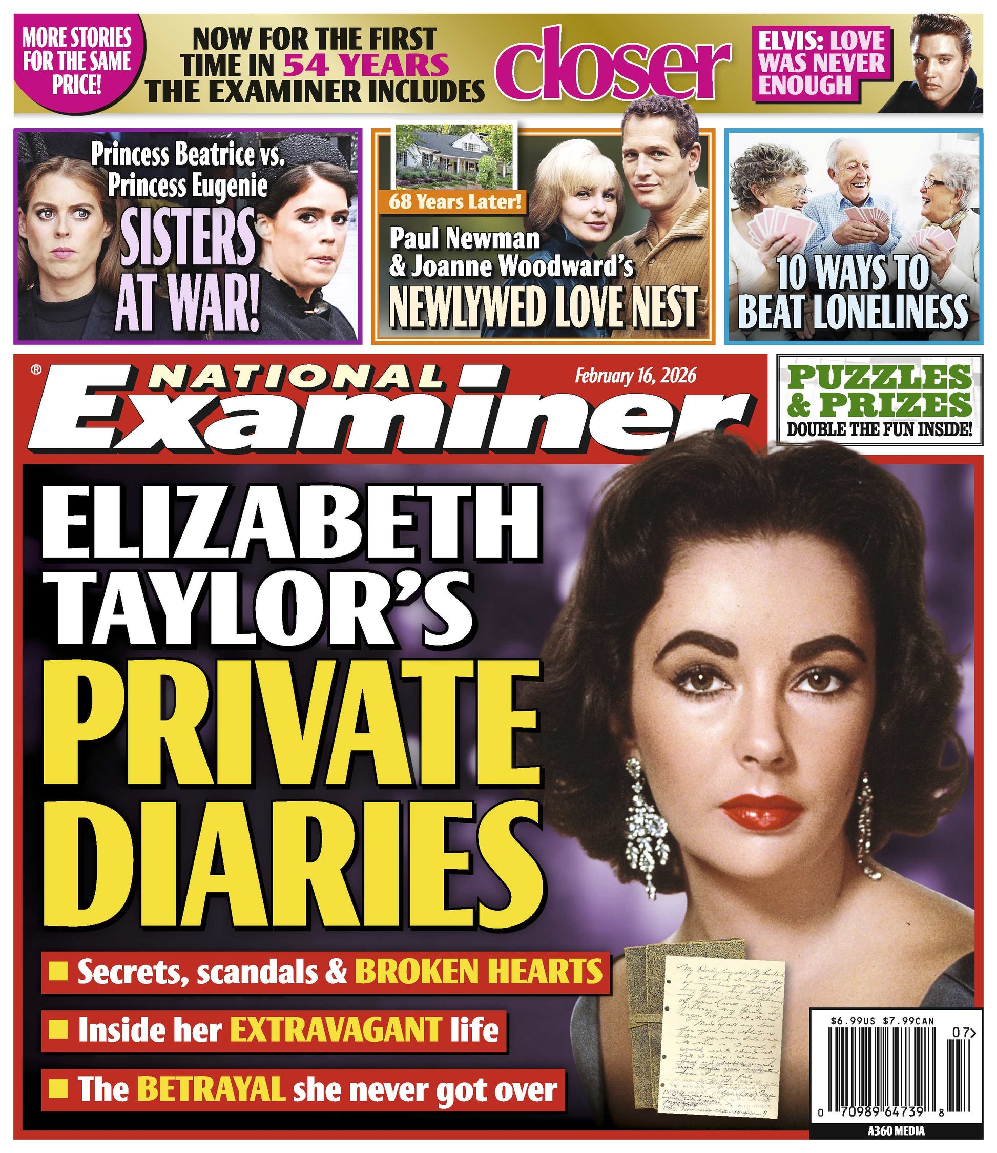 National Examiner - 02.16.26: Elizabeth Taylor's Private Diaries, Princess Beatrice & Princess Eugenie At War, Paul Newman & Joanne Woodward's Newlywed Romance, Ways To Beat Loneliness & More!