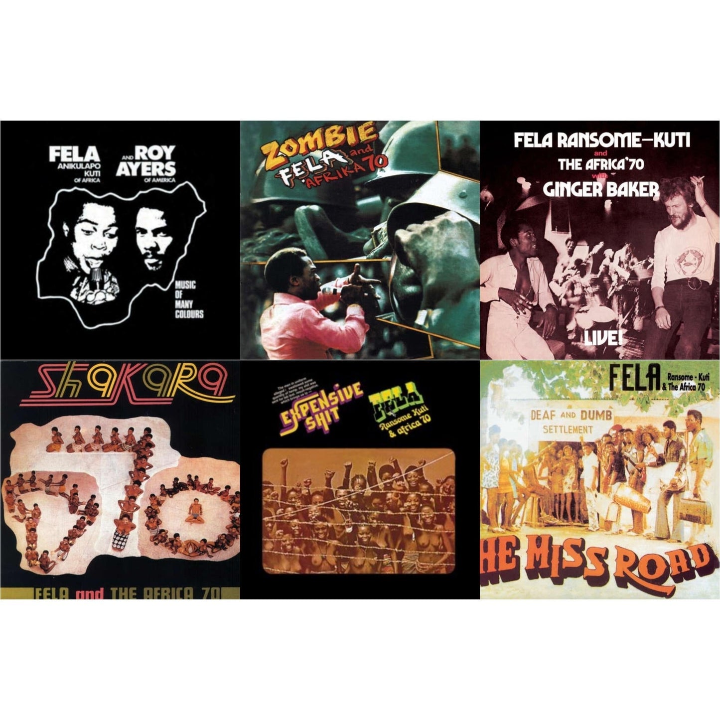 Fela Kuti - Music Of Many Colours & Zombie & Fela Live With Ginger Baker & Shakara & Expensive Shit & He Miss Road - LP Vinyl Bundle