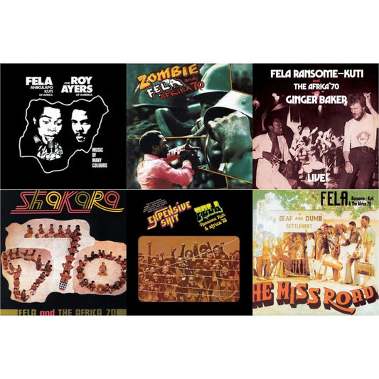 Fela Kuti - Music Of Many Colours & Zombie & Fela Live With Ginger Baker & Shakara & Expensive Shit & He Miss Road - LP Vinyl Bundle
