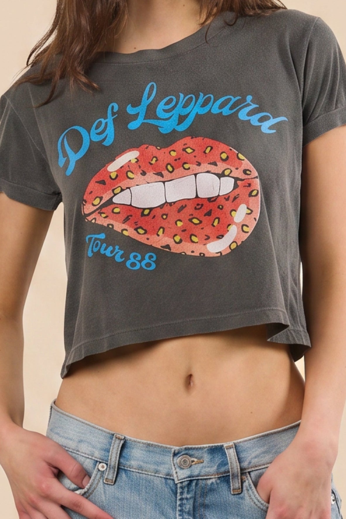 Def Leppard Tour of 1988 Cropped Tee Womens T Shirt Grey Officially Licensed