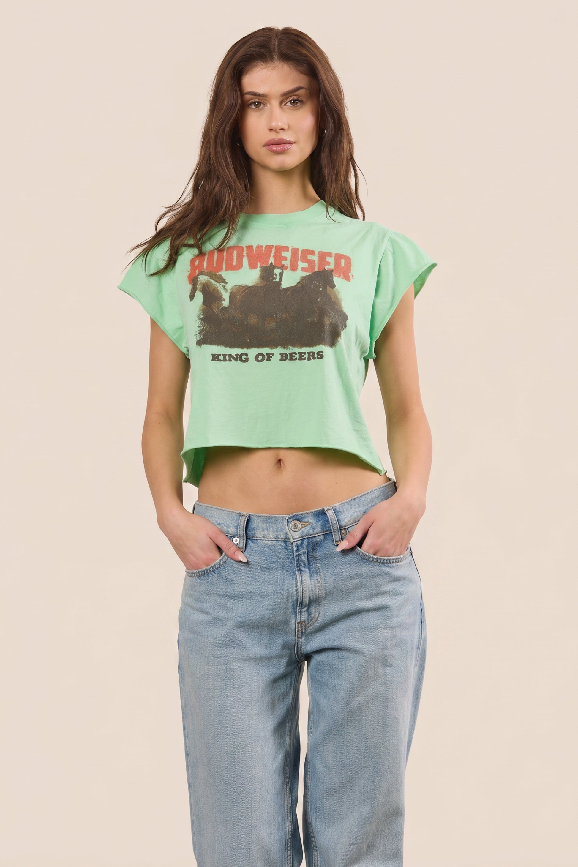 Budweiser King Of Beers Brew Babe Crop Top Womens T Shirt Mint Green Officially Licensed