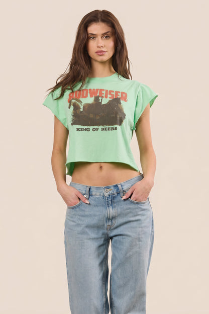 Budweiser King Of Beers Brew Babe Crop Top Womens T Shirt Mint Green Officially Licensed