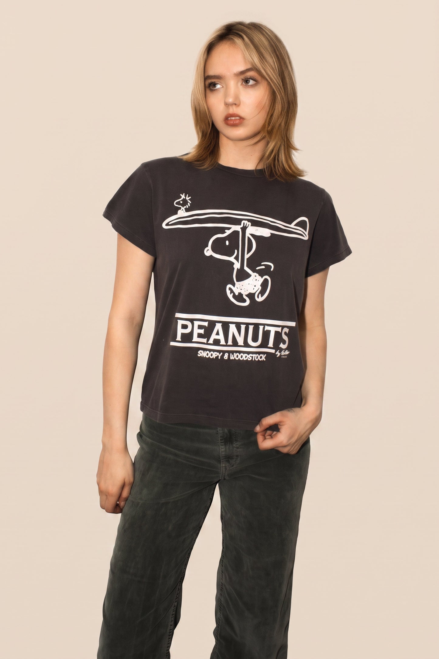 Peanuts Snoopy and Woodstock Surf Womens T Shirt Black Officially Licensed