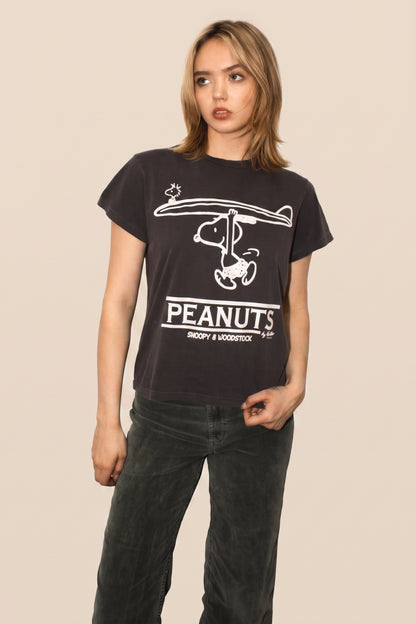 Peanuts Snoopy and Woodstock Surf Womens T Shirt Black Officially Licensed