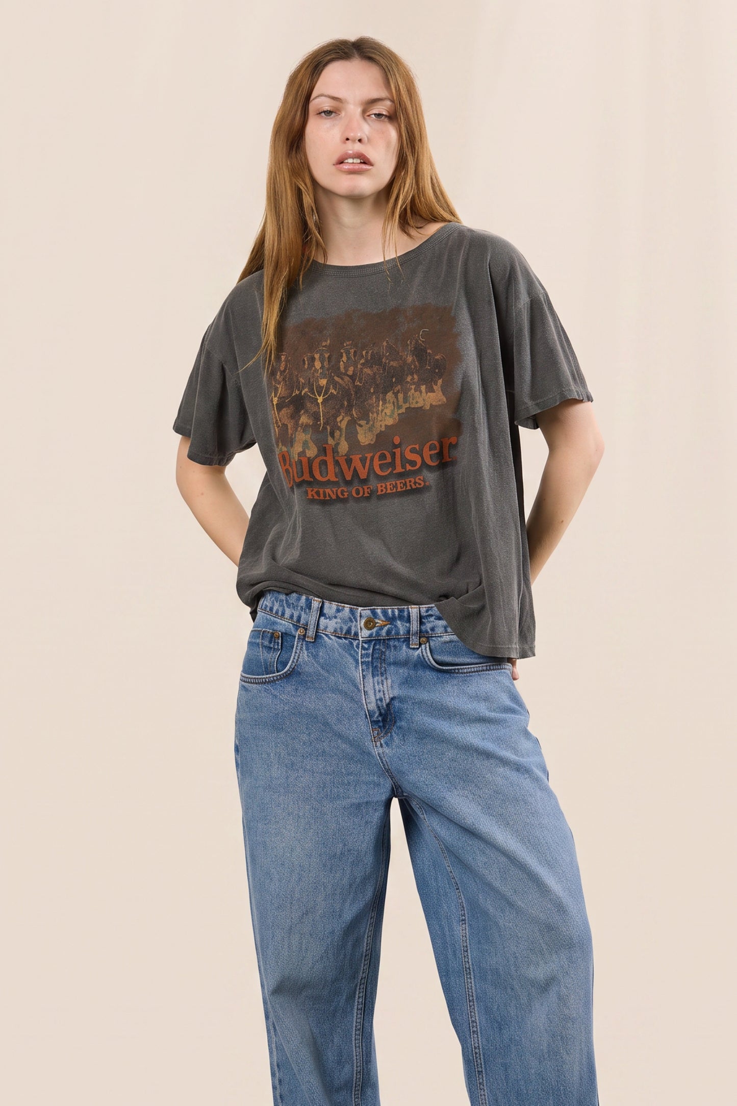 Budweiser King Of Beers Horses Tee Womens T Shirt Grey Officially Licensed