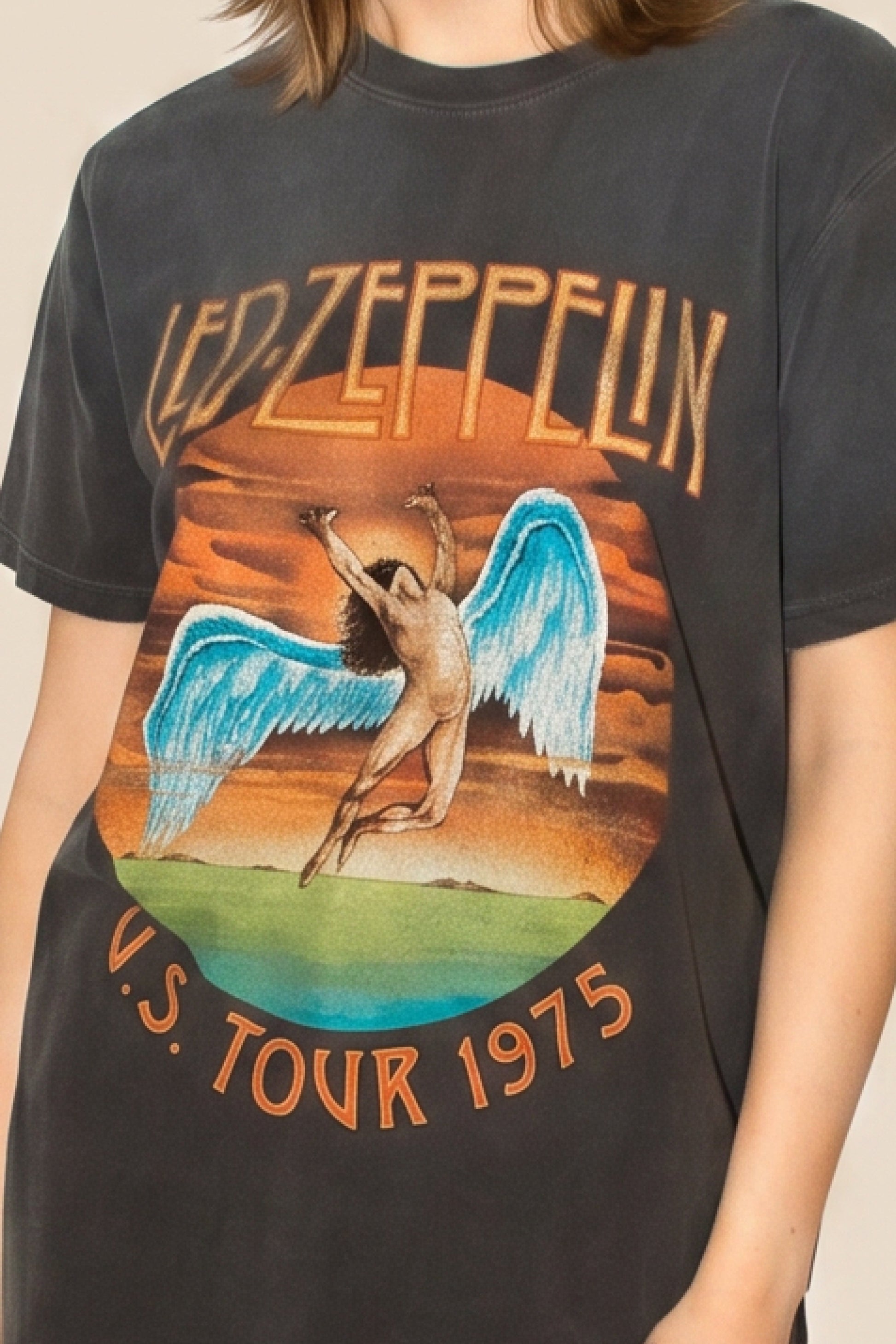 Led Zeppelin U.S Tour 1975 Sunkissed Tee Womens T Shirt Grey Officially Licensed