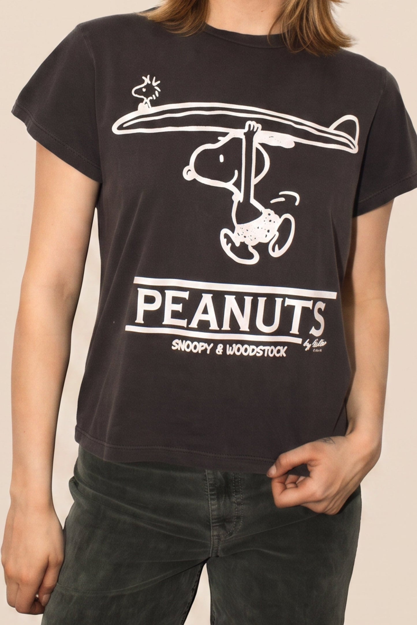 Peanuts Snoopy and Woodstock Surf Womens T Shirt Black Officially Licensed