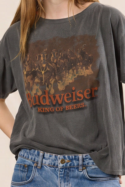 Budweiser King Of Beers Horses Tee Womens T Shirt Grey Officially Licensed