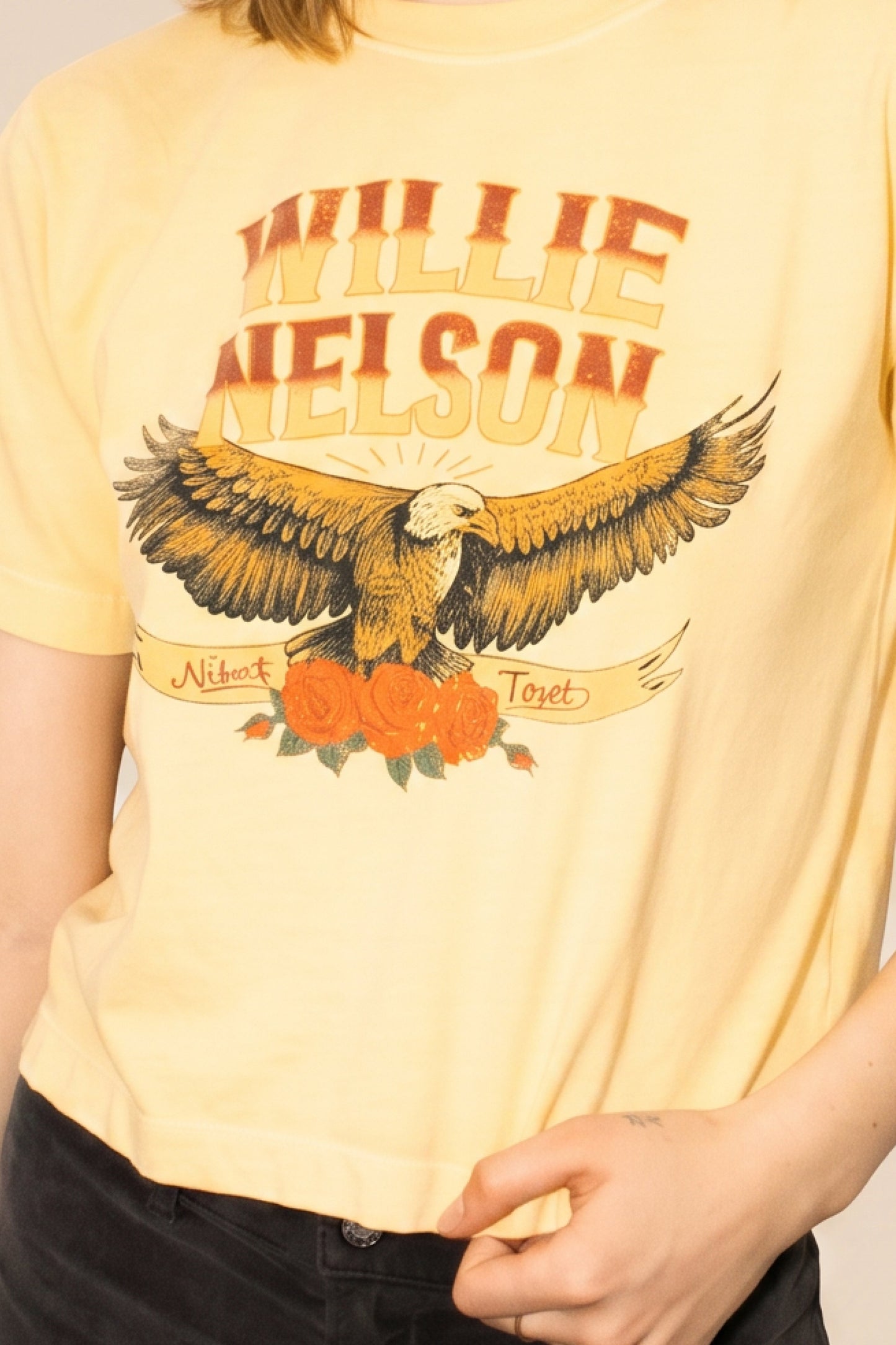 Willie Nelson Abbott, Texas Crop Tee Womens T Shirt Yellow Officially Licensed