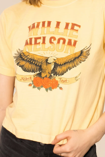 Willie Nelson Abbott, Texas Crop Tee Womens T Shirt Yellow Officially Licensed