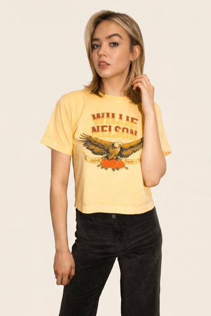 Willie Nelson Abbott, Texas Crop Tee Womens T Shirt Yellow Officially Licensed