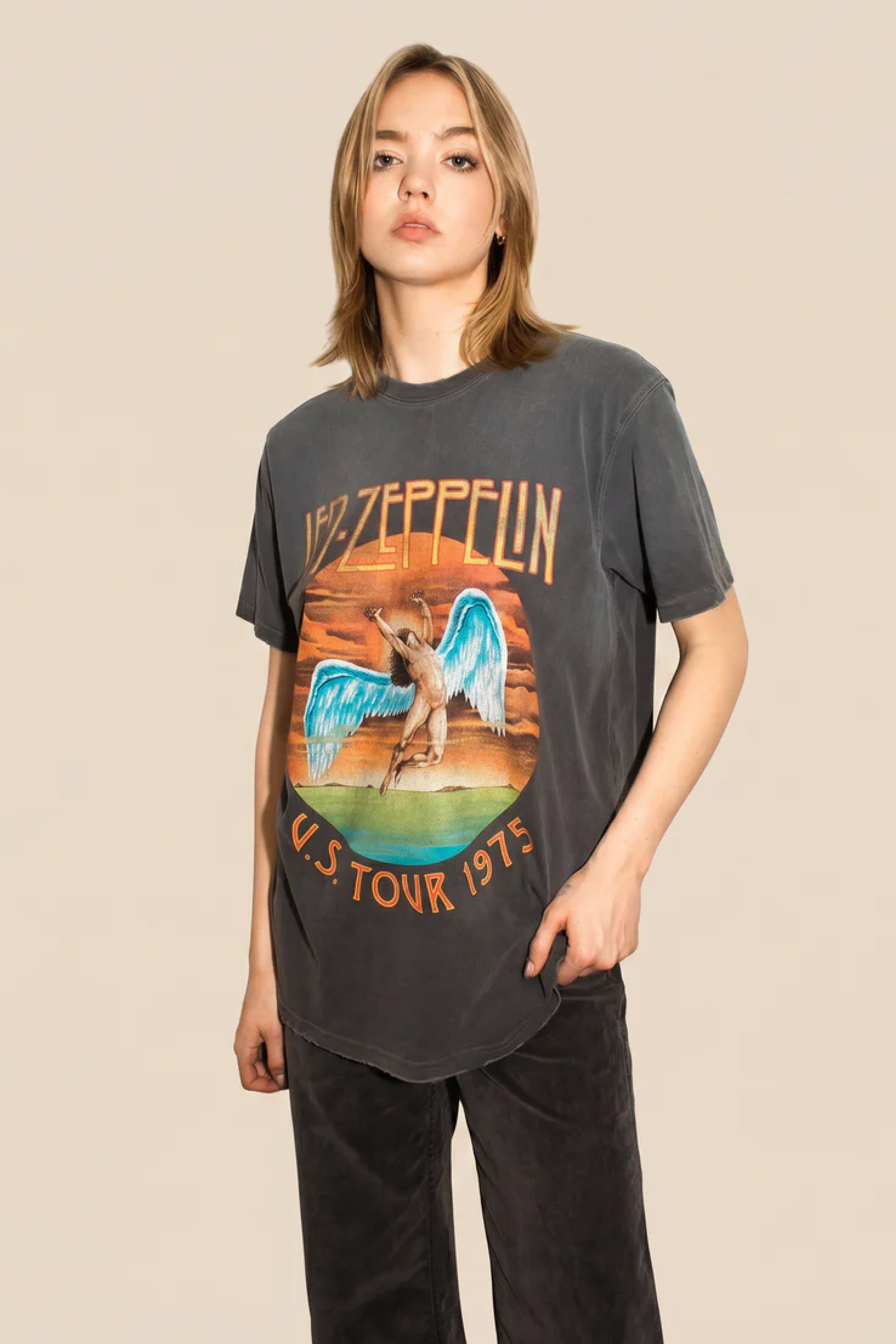 Led Zeppelin U.S Tour 1975 Sunkissed Tee Womens T Shirt Grey Officially Licensed