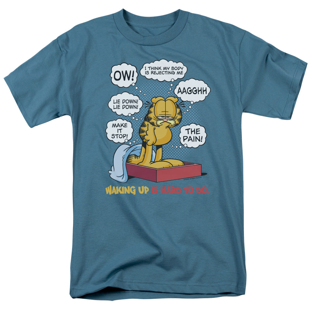 Garfield Waking Up Is Hard To Do Mens T Shirt Slate