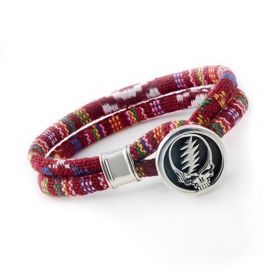 Grateful Dead Steal Your Face Sterling Silver Deep Scarlet Red Cloth Rope Bracelet
