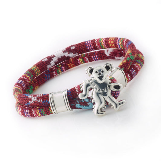 Grateful Dead Dancing Bear Sterling Silver Deep Scarlet Cloth Rope Bracelet