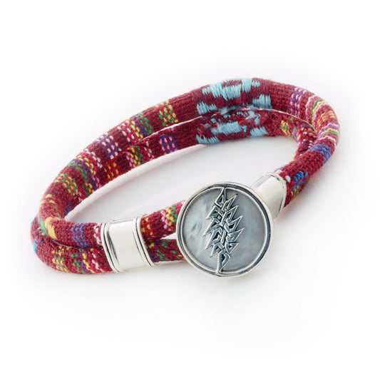 Grateful Dead 13 Point Lightning Bolt Sterling Silver Deep Scarlet Red Cloth Rope Bracelet