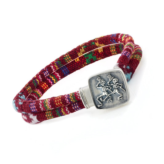 Grateful Dead Dancing Skeletons Sterling Silver Deep Scarlet Red Cloth Rope Bracelet