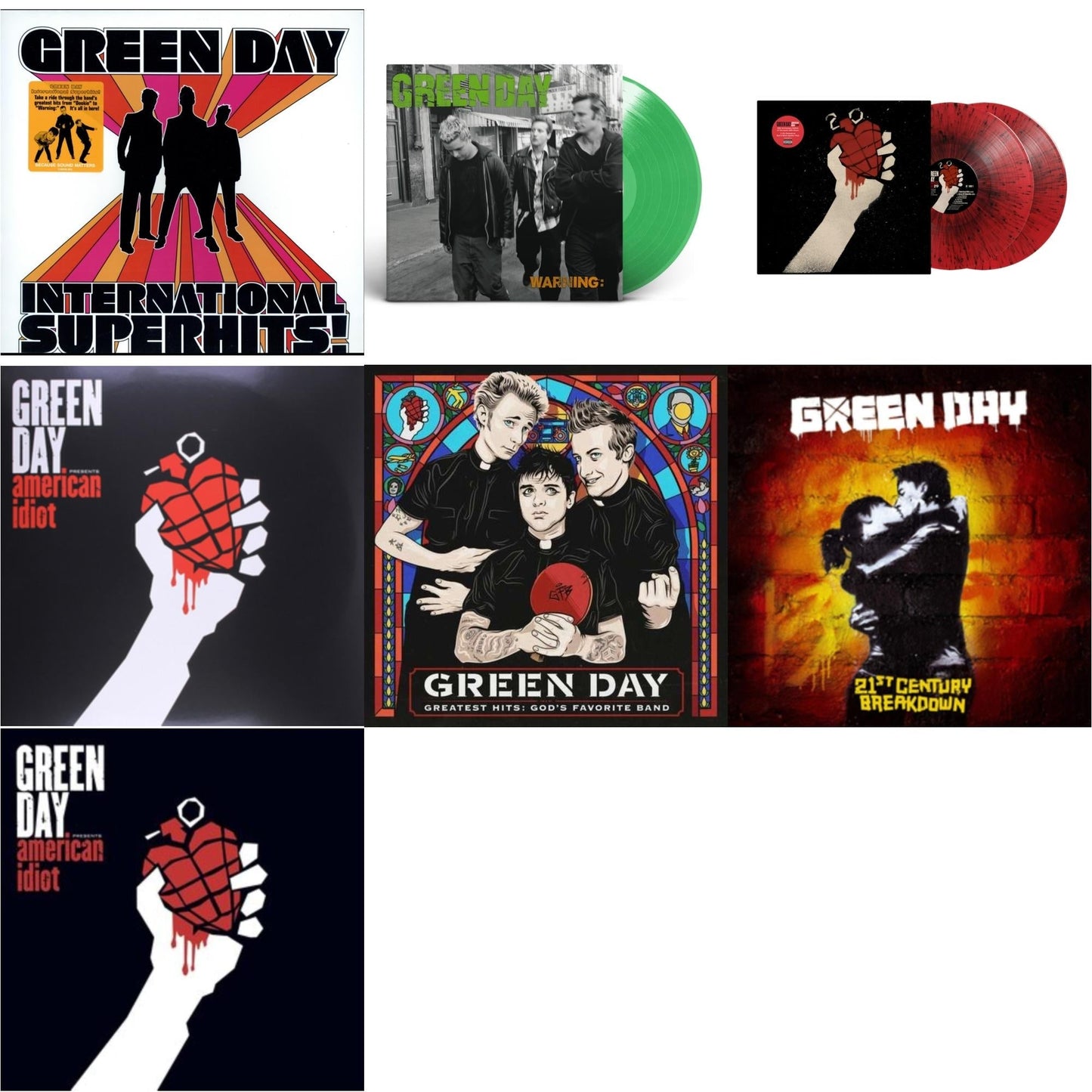Green Day - International Superhits & Warning (Fluorescent Green LP Vinyl) & American Idiot (2LP/Red & Black Splatter Vinyl) & American Idiot & Greatest Hits: God's Favorite Band (X) & 21St Century Breakdown & American Idiot (W/Poster)
