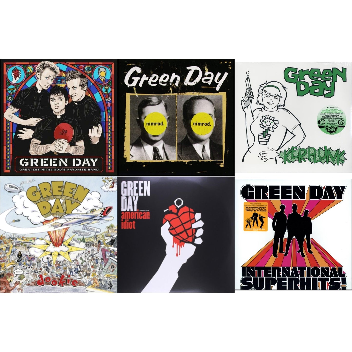 Green Day - International Superhits & American Idiot & Nimrod & Greatest Hits: God's Favorite Band (X) & Kerplunk (120G/7Inch Single) & Dookie - LP Vinyl Bundle