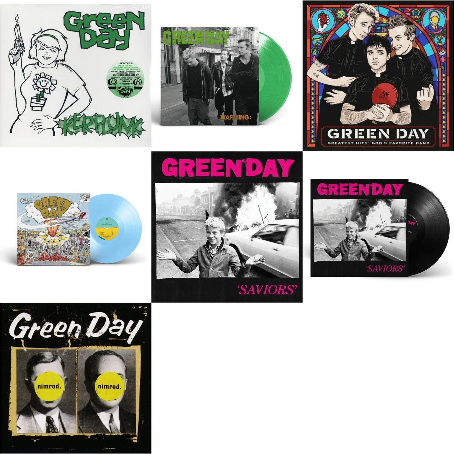 Green Day - Dookie (X) (Baby Blue LP Vinyl) & Warning (Fluorescent Green LP Vinyl) & Saviors (180G/Deluxe LP Vinyl) & Saviors & Nimrod & Greatest Hits: God's Favorite Band (X) & Kerplunk (120G/7Inch Single)