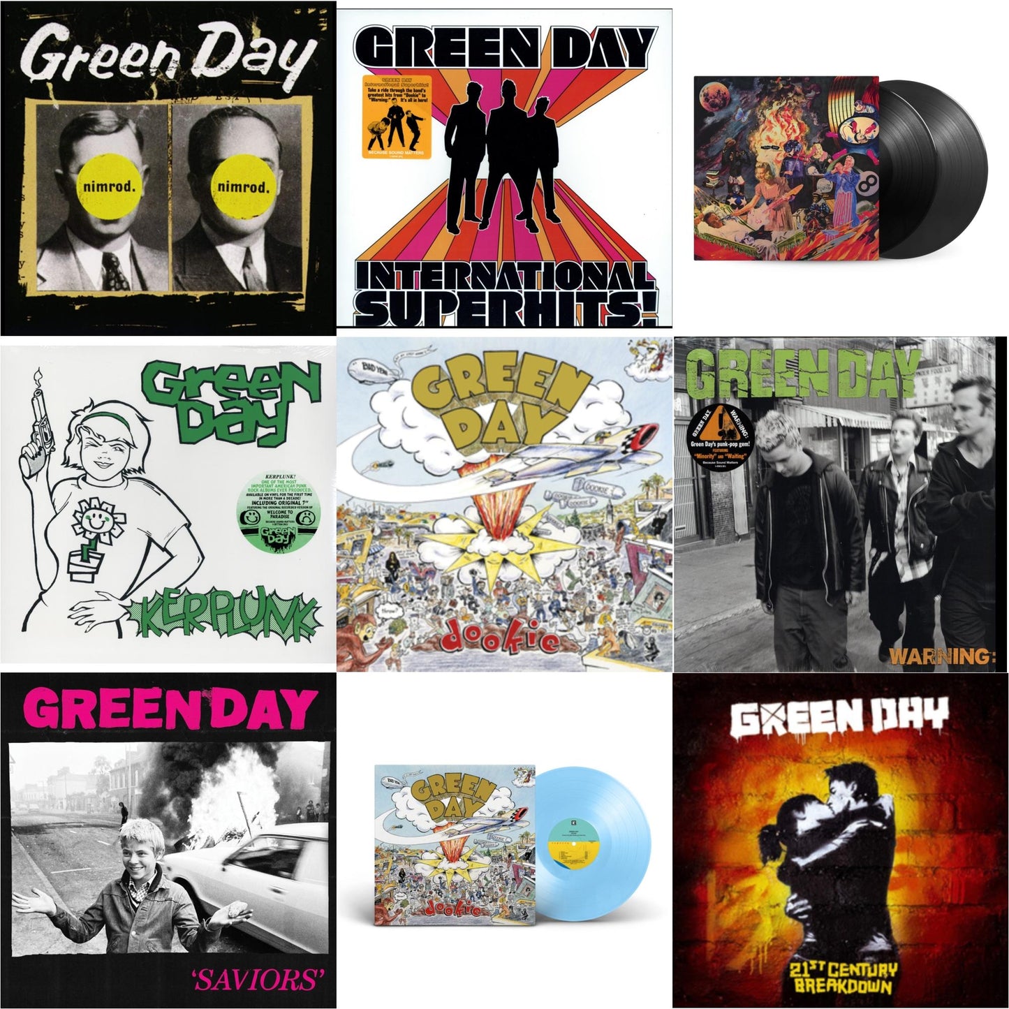 Green Day - Warning & International Superhits & Dookie (X) (Baby Blue LP Vinyl) & Saviors (180G/Deluxe LP Vinyl) & Insomniac (25Th Anniversary/2LP) & Nimrod & 21St Century Breakdown & Kerplunk (120G/7Inch Single) & Dookie