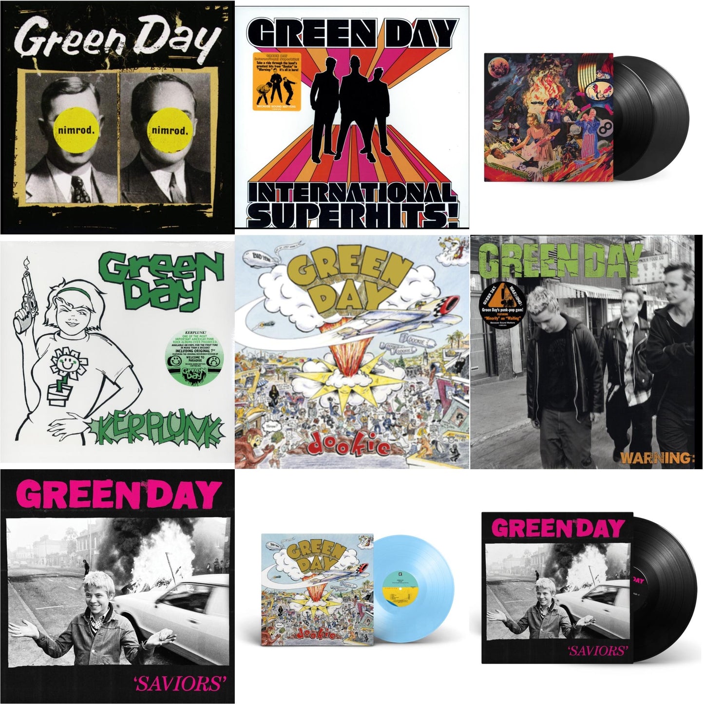 Green Day - Warning & International Superhits & Dookie (X) (Baby Blue LP Vinyl) & Saviors (180G/Deluxe LP Vinyl) & Saviors & Insomniac (25Th Anniversary/2LP) & Nimrod & Kerplunk (120G/7Inch Single) & Dookie