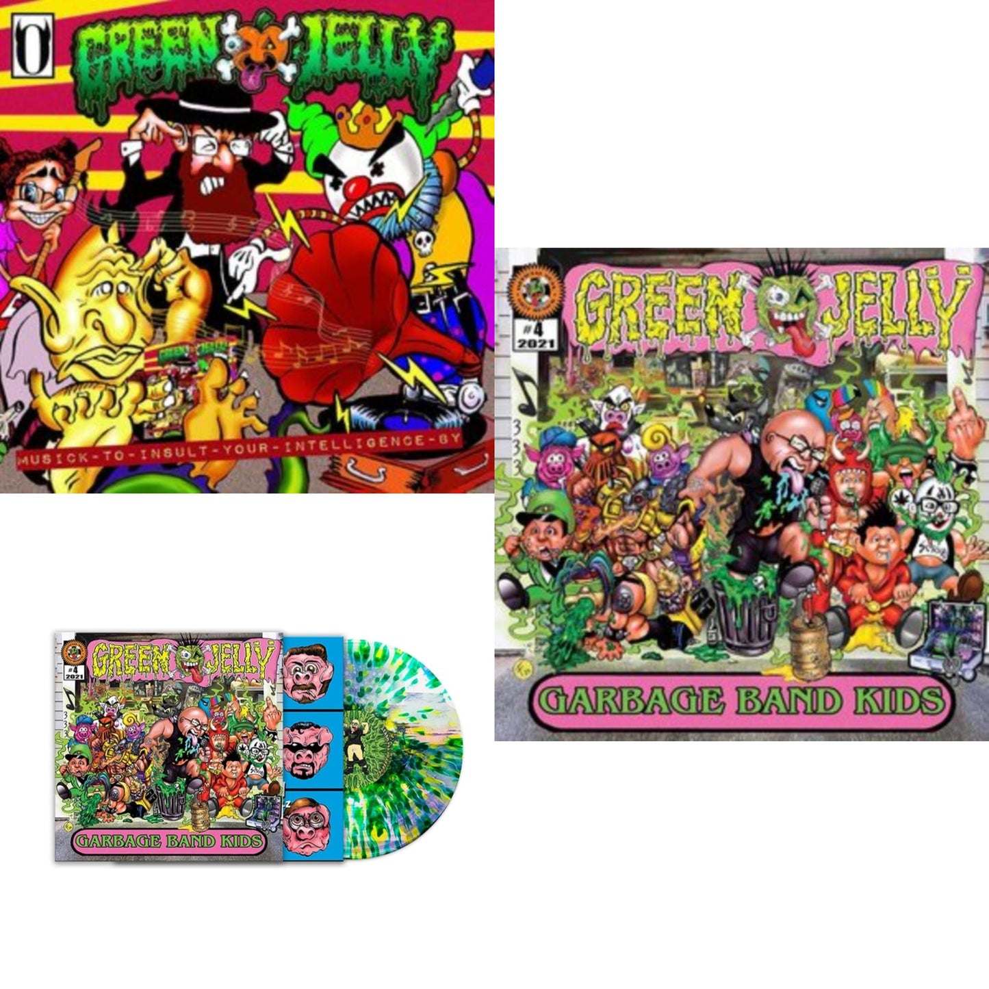 Green Jelly - Musick To Insult Your Intelligence By (Orange/Black Splatter LP Vinyl/Remastered) & Garbage Band Kids (Green & Yellow Splatter LP Vinyl) & Garbage Band Kids (Pink/Green Haze LP Vinyl)
