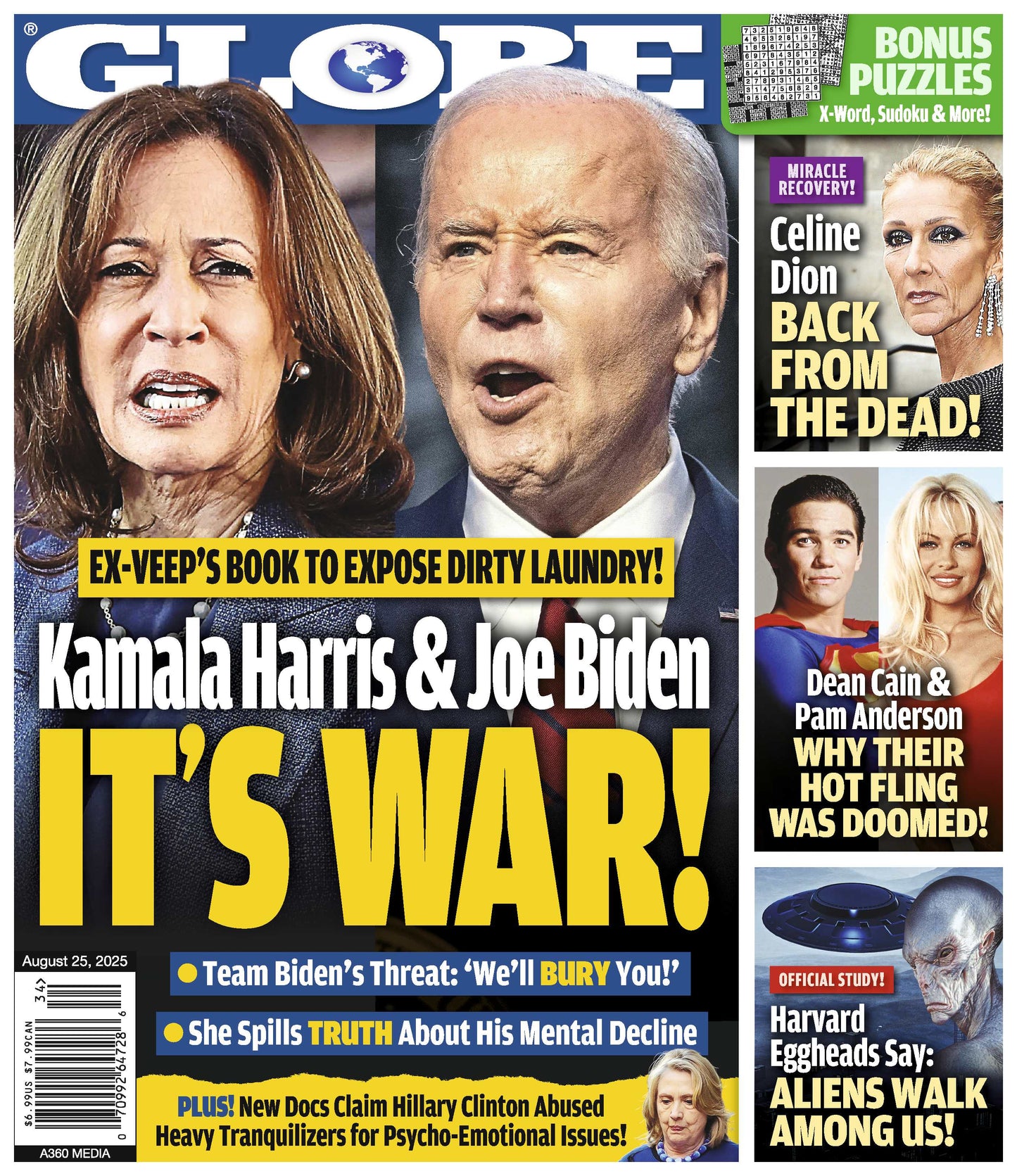 Globe - 08.25.25: Kamala Harris & Joe Biden's Political Battle Heats Up, Celine Dion’s Stunning Comeback, Dean Cain & Pam Anderson’s Doomed Romance, Alien Revelations From Harvard Experts & More!