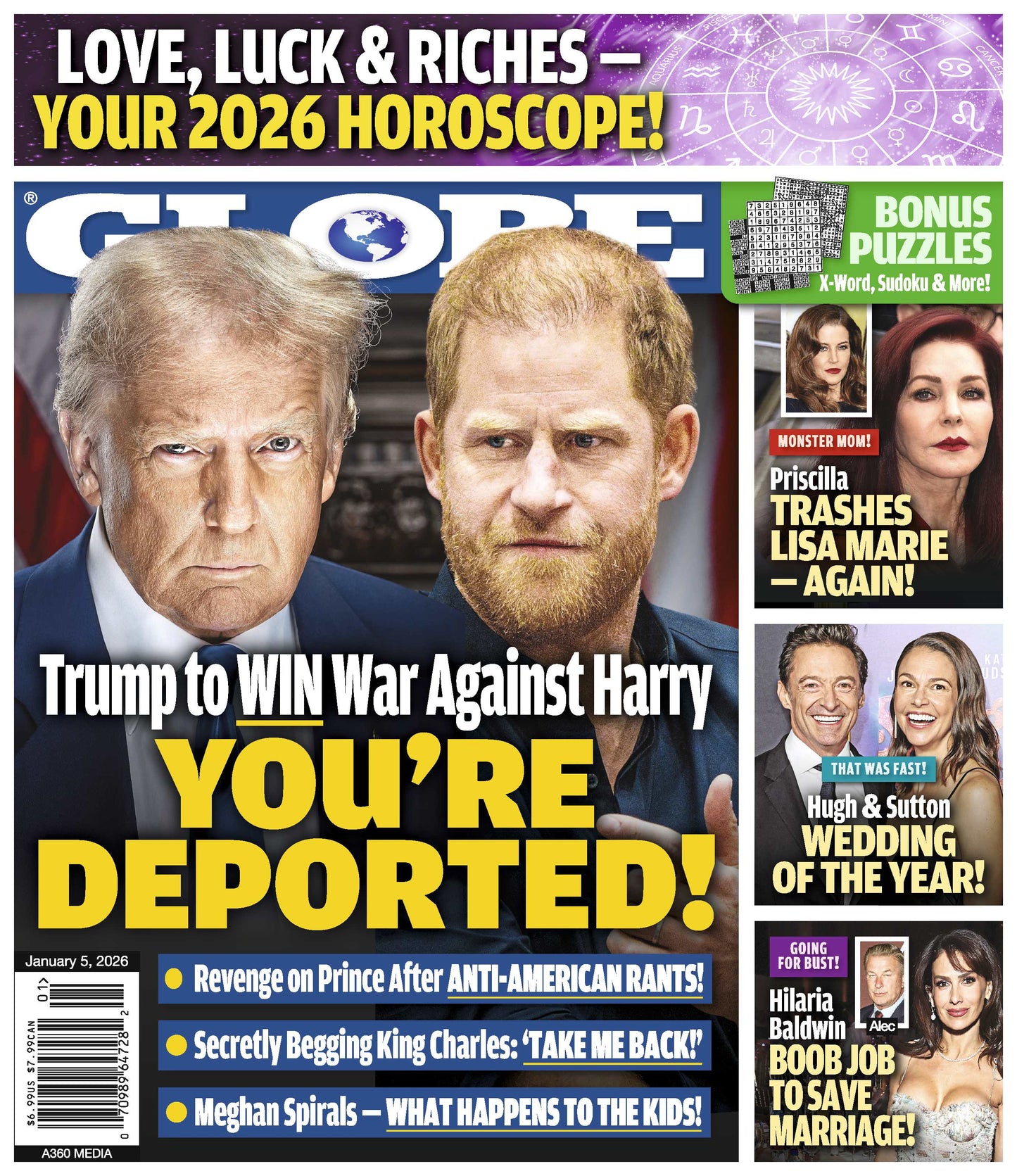 Globe - 01.05.26: Trump Feuds With Prince Harry, Priscilla Presley Trashes Lisa Marie's Legacy, Hugh Jackman & Sutton Foster’s Wedding Of The Year, Hilaria Baldwin's Bold Move To Save Marriage & More!