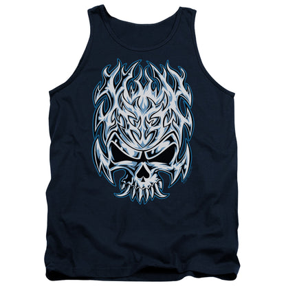 Flaming Chrome Skull Mens Tank Top Shirt Navy