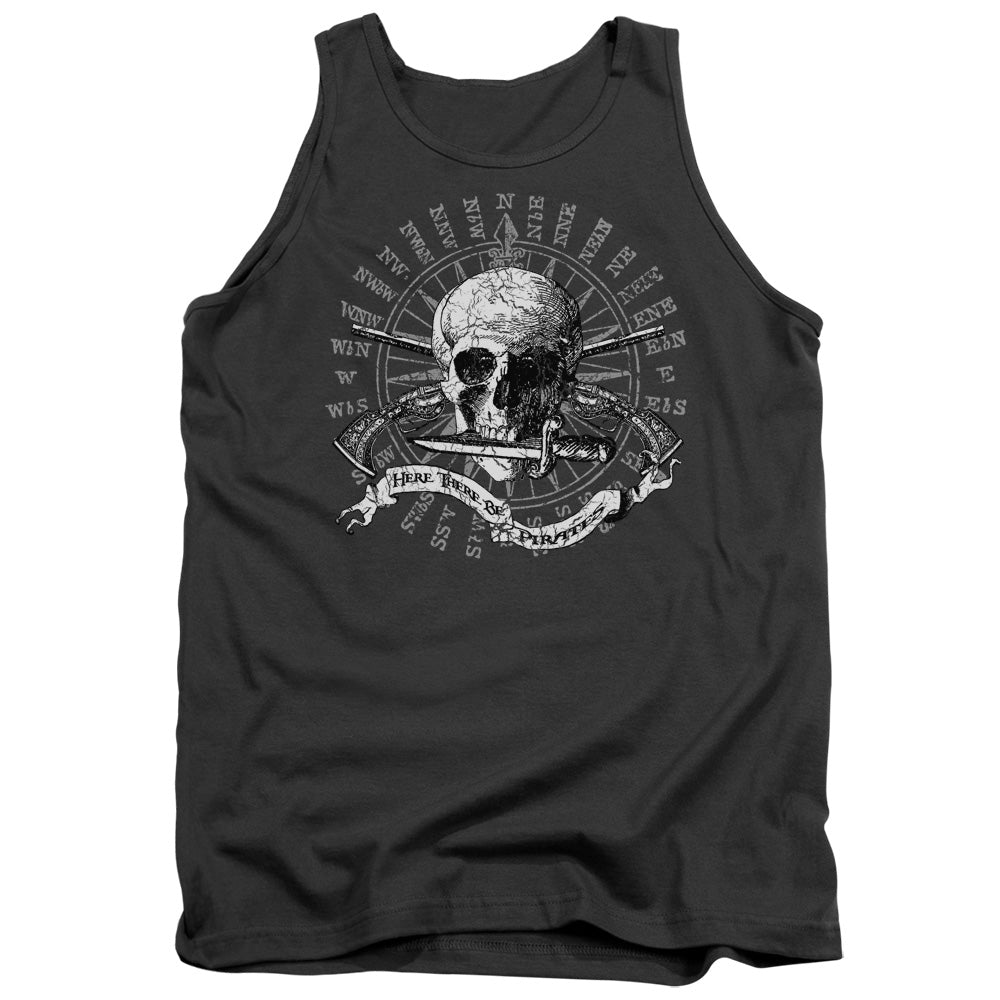 Here There Be Pirates Mens Tank Top Shirt Charcoal