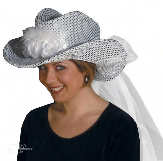 Silver Sequin Cowgirl Bride Hat with Veil Adult Bachelorette Party Accessory