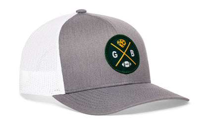 Green Bay Trucker Hat  |  Gray-White GB X Football Snapback