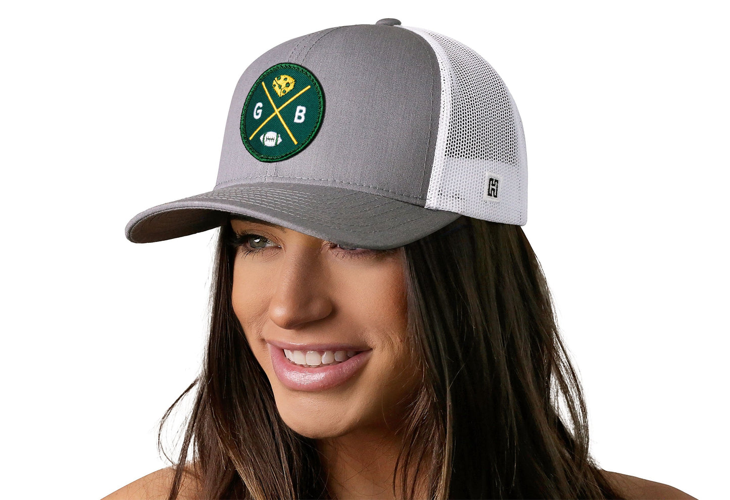 Green Bay Trucker Hat  |  Gray-White GB X Football Snapback