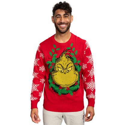 Grinch Head Santa Hat Wreath Sweater