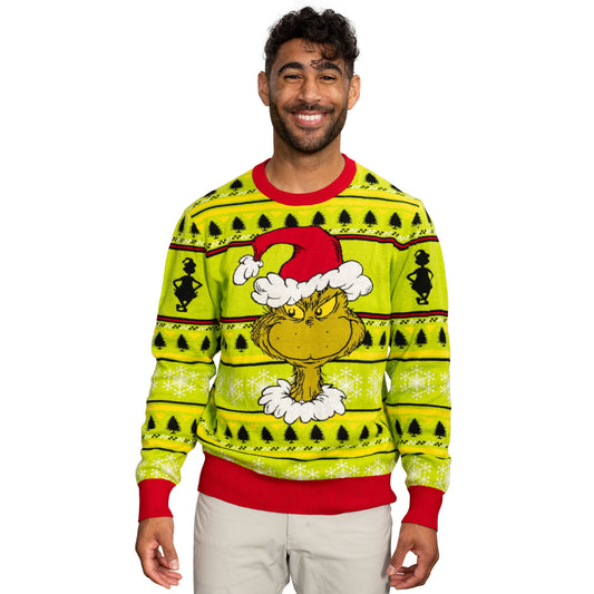 Grinch Head Santa Hat Wreath Sweater