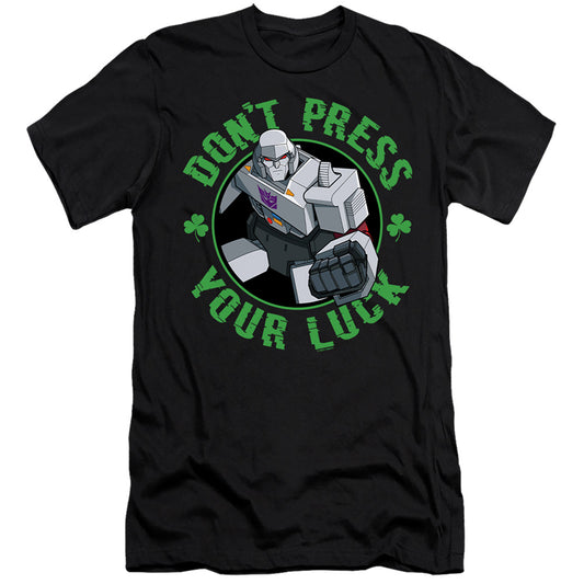 Transformers St. Patrick'S Day Megatron Don'T Press Your Luck Hbo Premium Bella Canvas Slim Fit Mens T Shirt Black