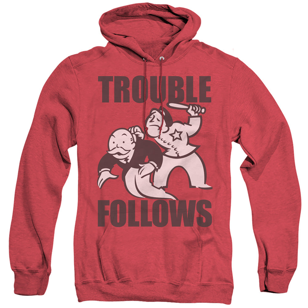 Monopoly Trouble Follows Evergreen Mens Heather Hoodie Red