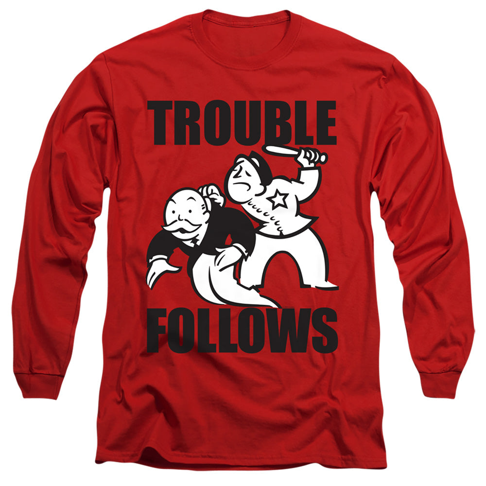 Monopoly Trouble Follows Evergreen Mens Long Sleeve Shirt Red