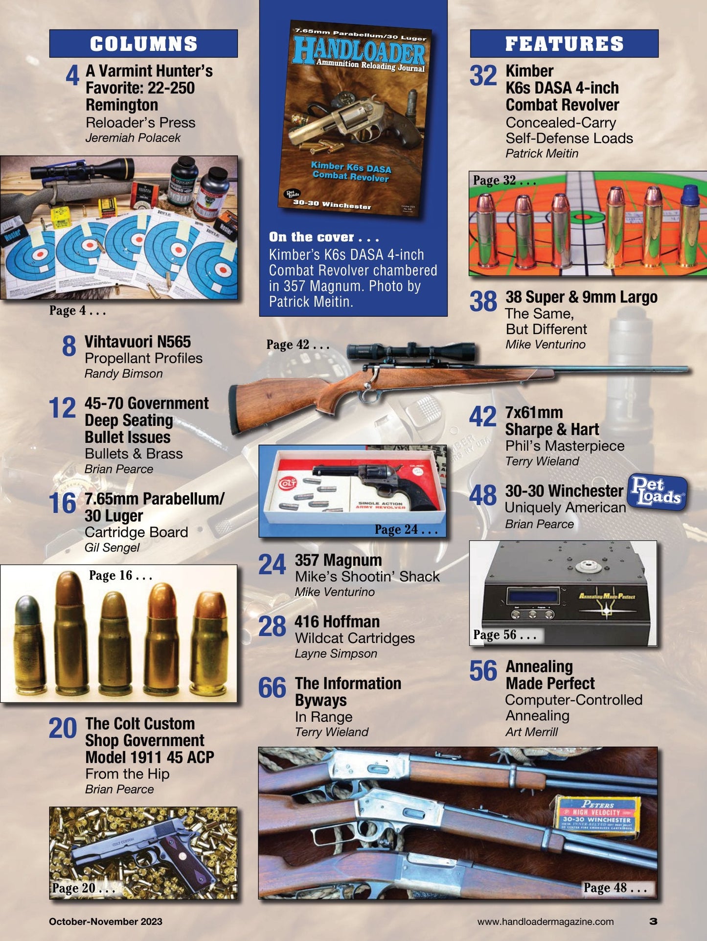 Handloader October 2023 - The Ammunition Reloading Journal: Varmint Hunter's Favorite 22-250 Remington, 30-30 Winchester, 7.6mm Parabellum/30 Luger & Kimber K6s DASA Combat Revolver
