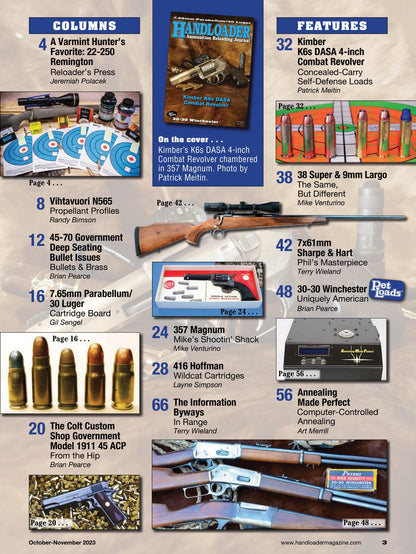 Handloader October 2023 - The Ammunition Reloading Journal: Varmint Hunter's Favorite 22-250 Remington, 30-30 Winchester, 7.6mm Parabellum/30 Luger & Kimber K6s DASA Combat Revolver