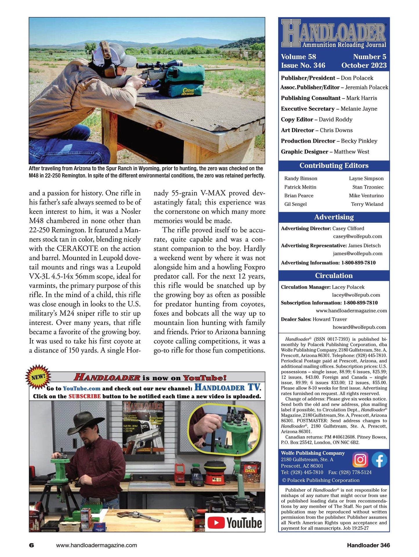 Handloader October 2023 - The Ammunition Reloading Journal: Varmint Hunter's Favorite 22-250 Remington, 30-30 Winchester, 7.6mm Parabellum/30 Luger & Kimber K6s DASA Combat Revolver